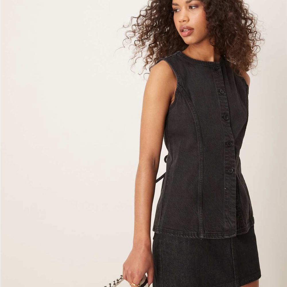 Abercrombie & Fitch Longline Denim Waistocoat Button-Up Top Black